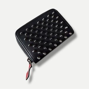 Christian Louboutin Black Spike Zip Card Wallet with Red Pull